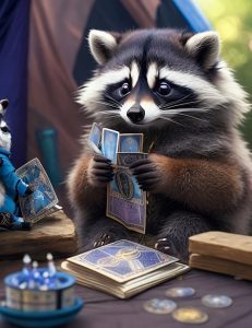 mapache pitoniso echando cartas del tarot